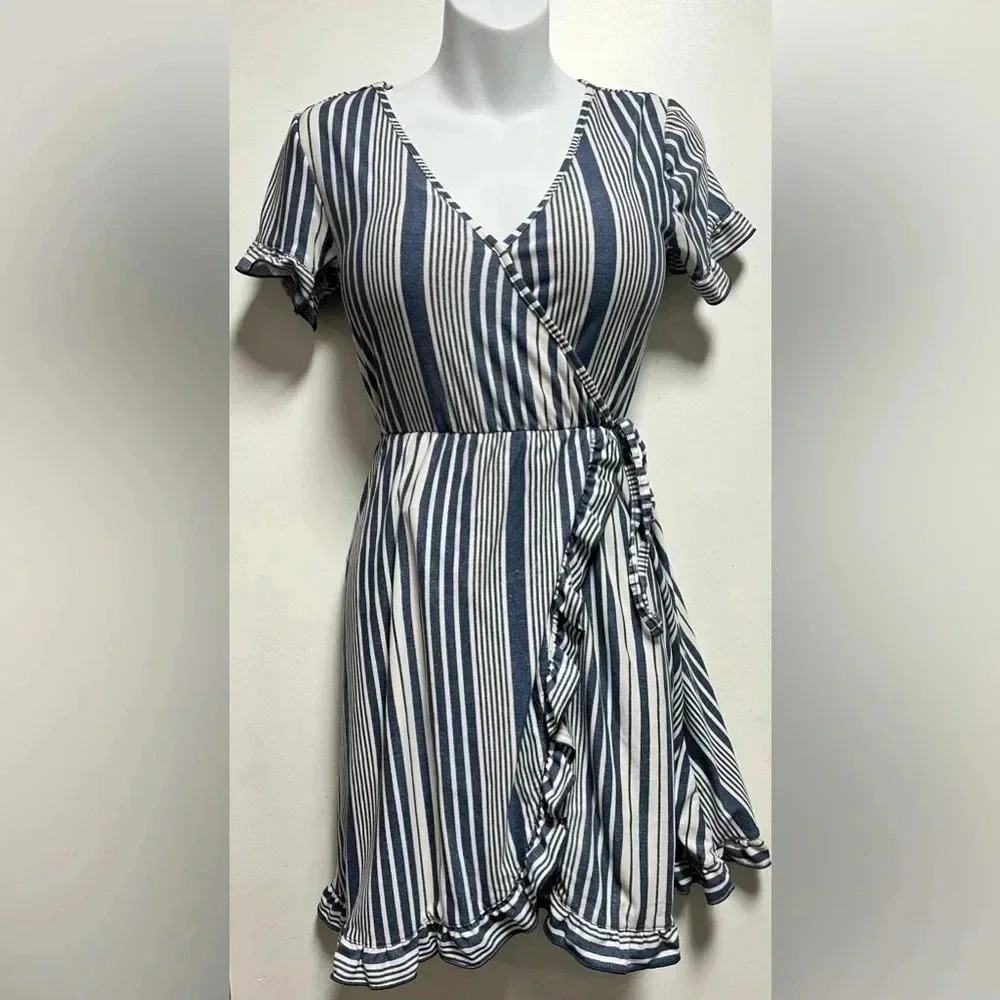 Derek Heart Navy and White Faux wrap around dress